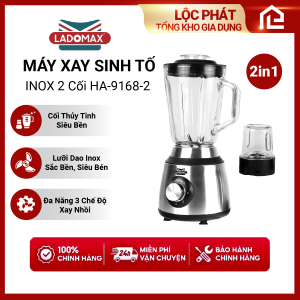 Máy xay sinh tố đa năng 650W Ladomax HA-9168-2 động cơ đồng 100% bền bỉ, thiết kế 2 cối thủy tinh