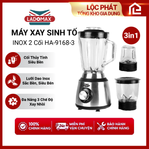 Máy Xay Sinh Tố Đa Năng 1.5L Ladomax HA-9168-3 INOX 3 Cối Thủy Tinh Hàng Chính Hãng BH 12 tháng