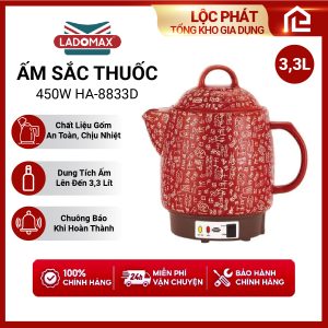 Ấm Sắc Thuốc LADOMAX HA- 8833D Đỏ 3,3L Có Chuông Báo Mâm Nhiệt Inox Giữ Ấm 2 Chế Độ Nấu bh 12 Tháng