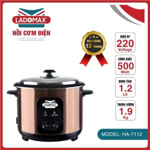 Nồi cơm điện 1.2L nắp rời Ladomax HA-7112 lòng nhôm chống dính, nấu cơm chín mềm cho 3 - 4 người ăn-Bảo hành 12 tháng