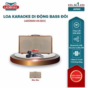 Loa Kéo Karaoke Di Động Ladomax HA-8215, Bass Đôi 14cm, kèm 2 Micro, 1 remote,1 dây sạc bảo hành 12 tháng