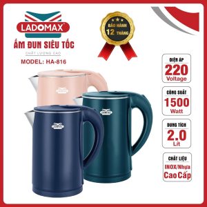 Ấm Đun Siêu Tốc Ladomax HA-816 – 2.0L, 1500W, 2 Lớp Cách Nhiệt, Tự Ngắt Khi Sôi, Chính Hãng