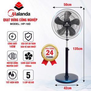 Quạt Đứng Công Nghiệp MALANDA HA-18D - Công Suất 145W, Tốc Độ Gió 1600 Vòng/Phút, Lõi Đồng, Thái Lan, BH 2 Năm