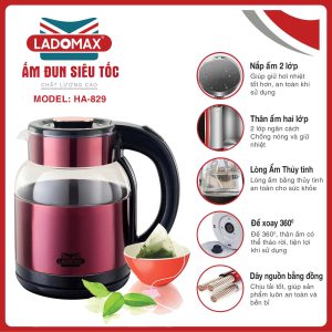 Ấm đun siêu tốc thủy tinh 2 lớp Ladomax HA-829 dung tích 2.0L - 1500W tự ngắt an toàn chính hãng